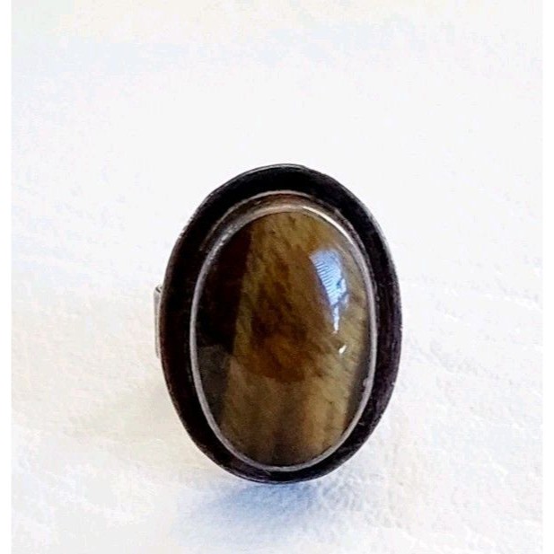 925 Sterling Silver Vintage Mexico Tiger Eye Modernist Ring Size 6.75 9g
